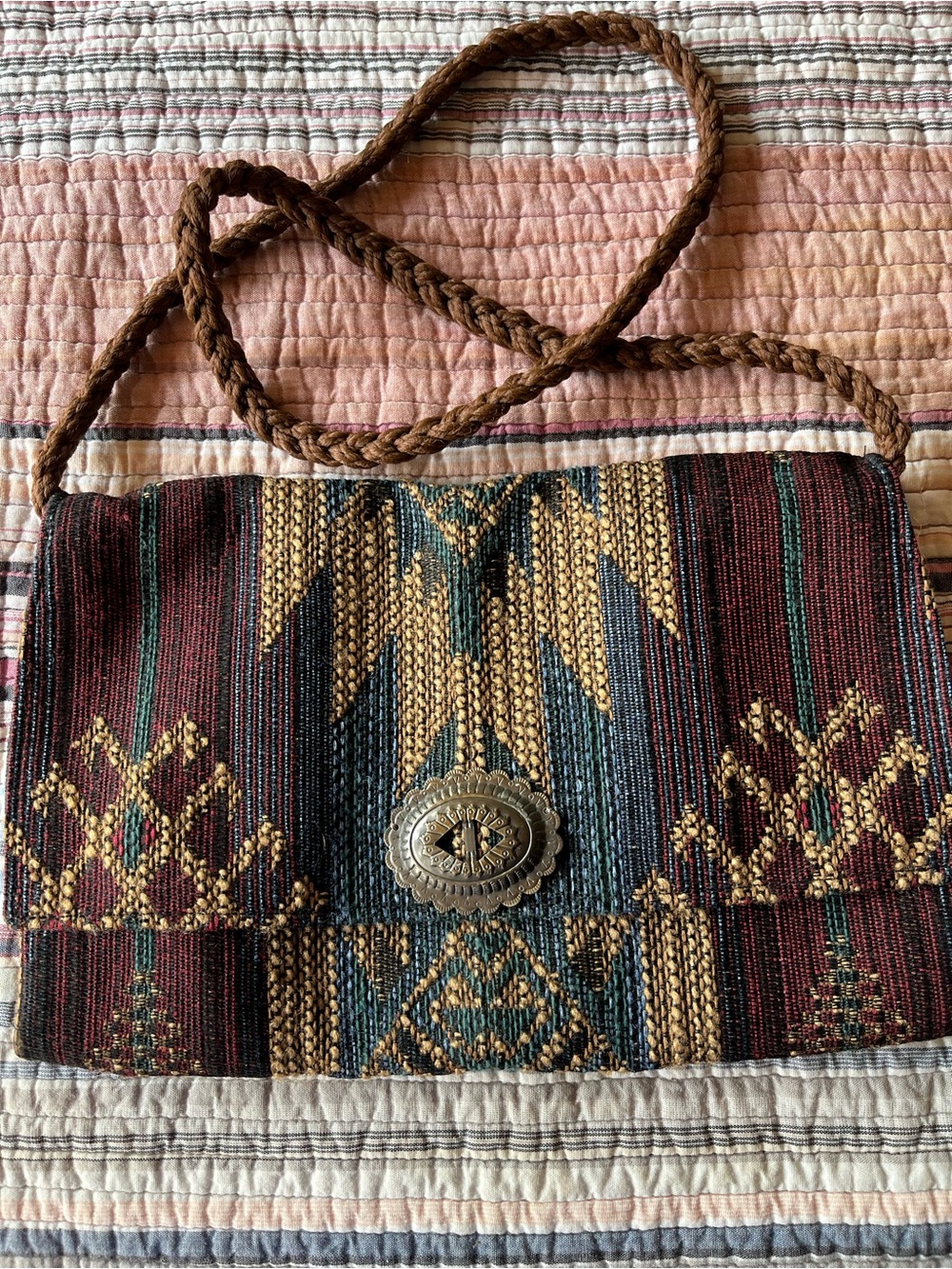 Southwestern Woven Crossbody Bag Tribal Boho Metal Concho Closure